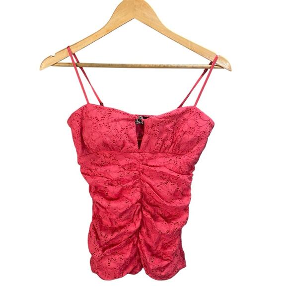 Y2k‎ XOXO Lace Cami Top Pink Babydoll Ruched Spaghetti Strap Party Club Tank - Picture 1 of 13
